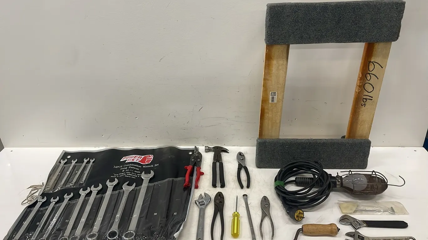 Set of Metric Wrenches 8-24mm, Box of Assorted Tools, Trouble Light and Power Fist 660Lb Moving Dolly (P3-R3T8-S1364)