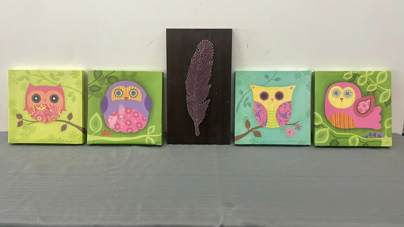 Set of 4 Canvas Owl Pictures and Nail Art Feather (P3-EWS2-S196)