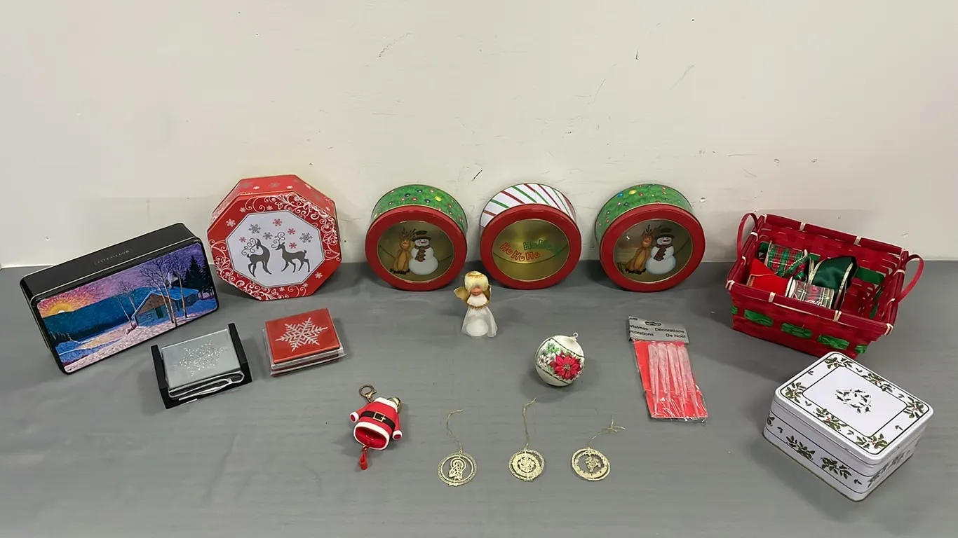 6 Assorted Sizes of Christmas Tins, Weaved Basket and 2 Sets of Christmas Coasters, Marked #25 (P4-SWS1-S1074)