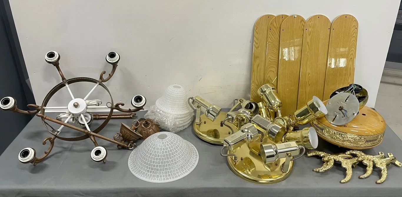 7 Light Chandelier, Oak Ceiling Fan with Light and 2 Ceiling Light Fixtures (P4-NWT1-S2261)