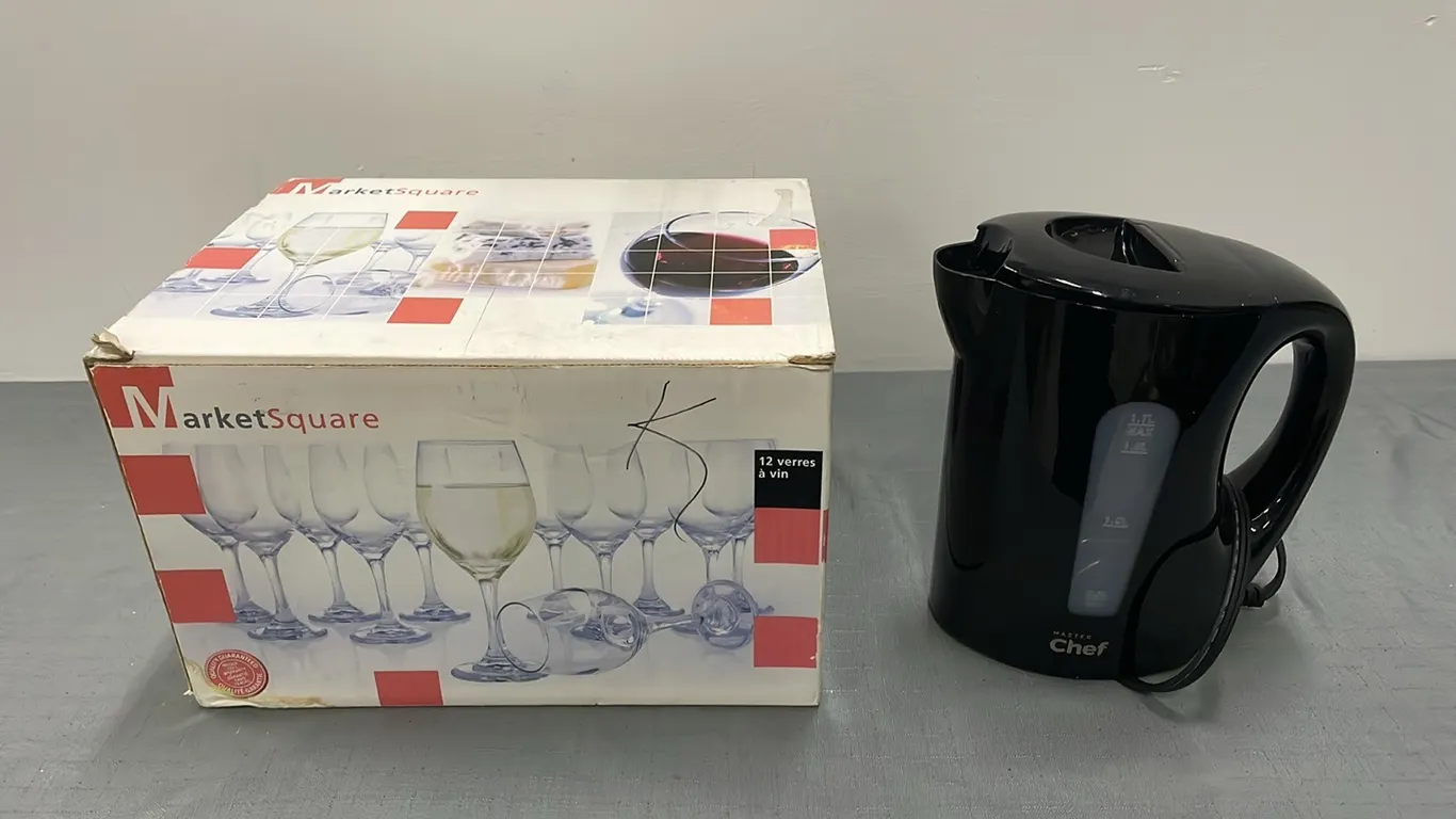 Masterchef 1.7Litre Tea Kettle and Marketsquare Set of 12 Wine Glasses, Both New As Per Seller, Item #32 (P4-SWS4-S483)