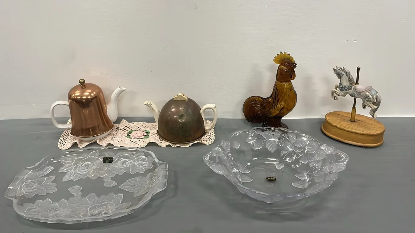 Brass Tea Pots, Rooster Decanter, Crystal Serving Dishes and More As Per Pictures (P4-WWS8-S2116)