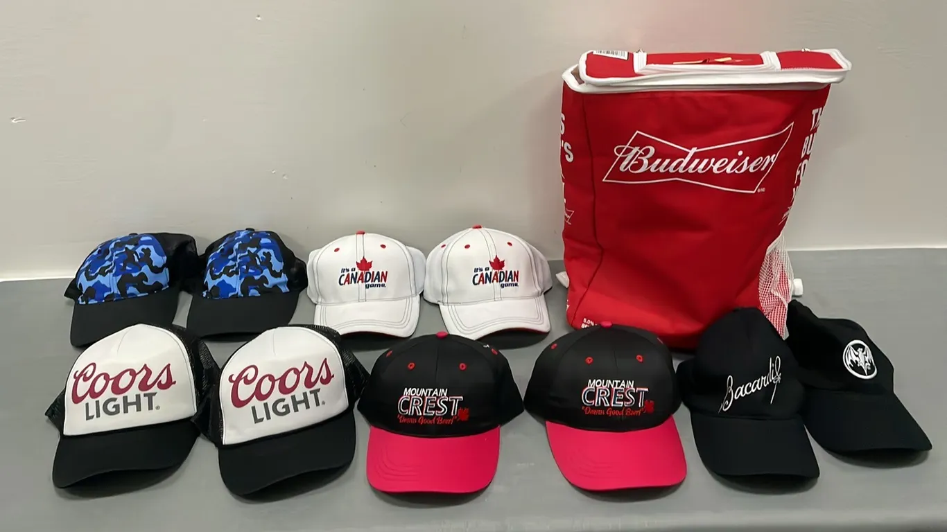 Budweiser Backpack with 10 Liquor Related Caps, Never Worn As Per Seller, Item #48 (P4-CRS10-S414)
