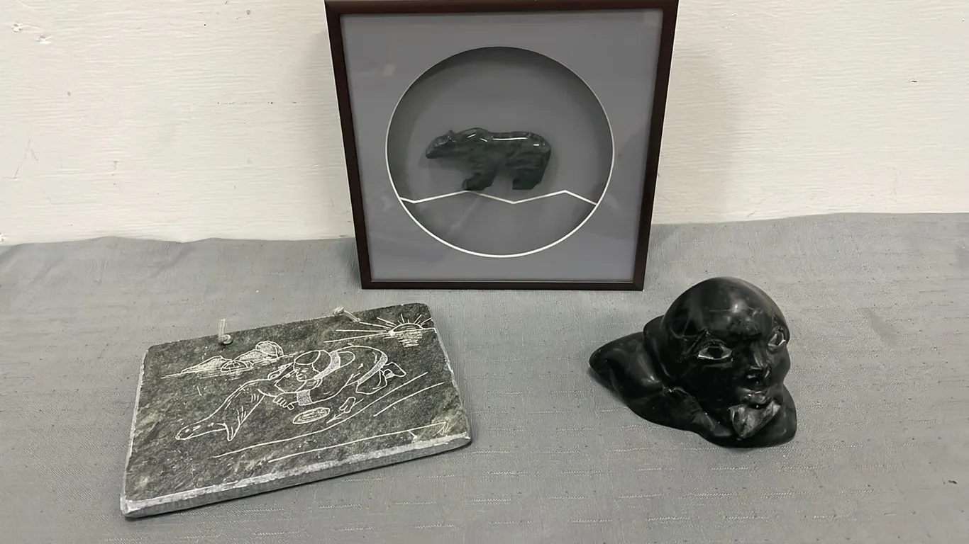 The Barron Collection Hand Carver Framed Soapstone Polar Bear, Soapstone Inuit Picture and Soapstone Face Carving (P4-NWT1-S1835)