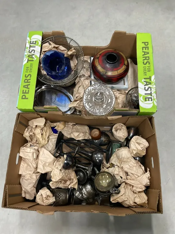 Crystal Ice Bucket & Dishes, Colored Vases, Cast Iron Candle Holders, Stained Glass Shot Glasses and Brass Glasses with Copper Dishes As Per Pictures
