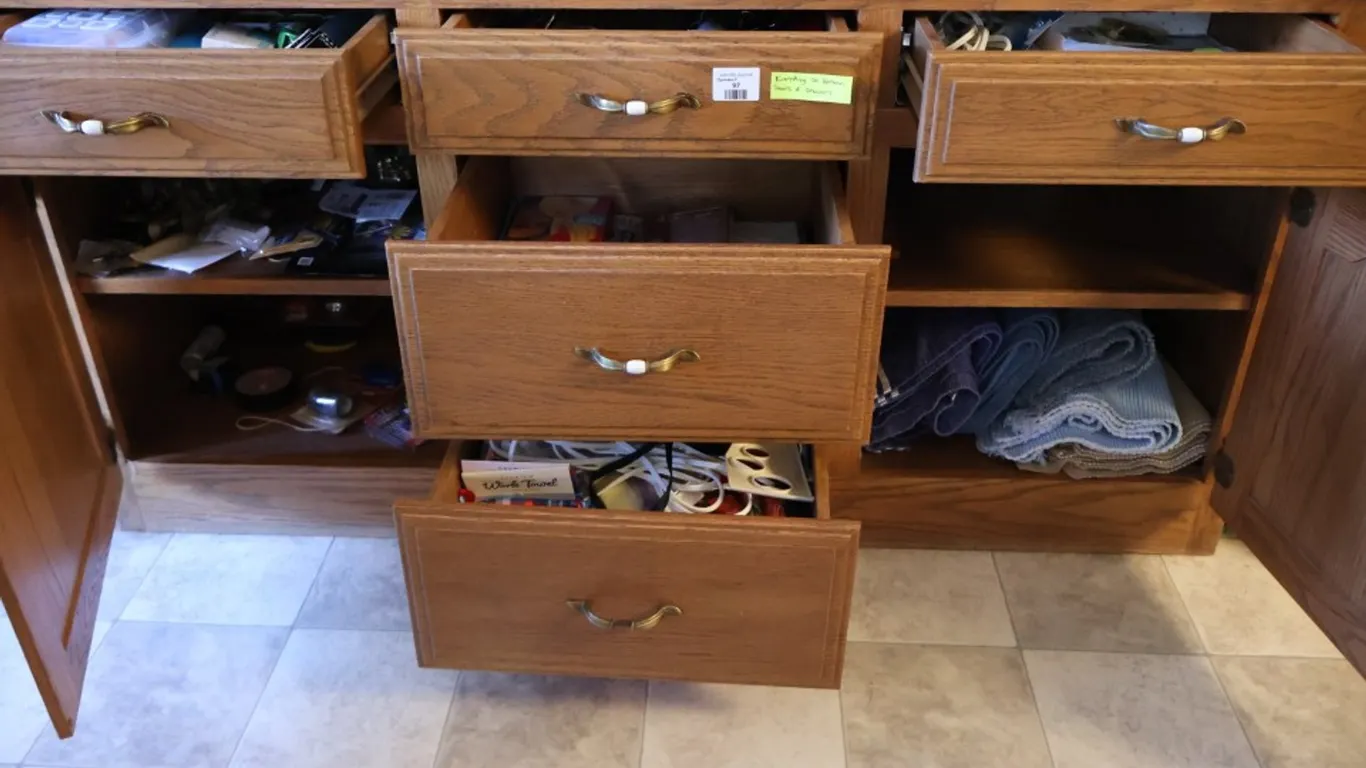 Assorted Drawer and Cabinet Contents, Nutcracker, Grilling Fork, Tools, Office Supplies, Outdoor Gear