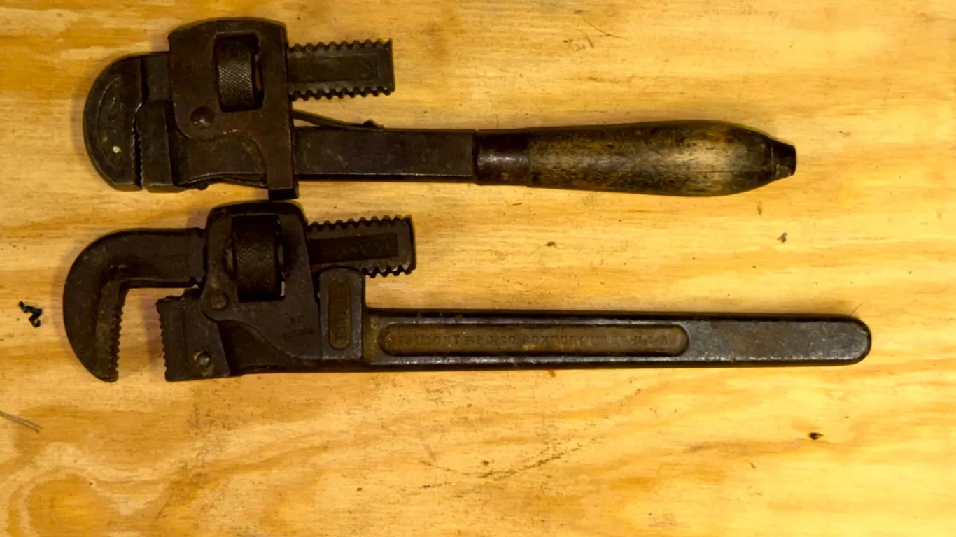Two Trimo Pipe Wrenches, Wood Handle and Steel Handle