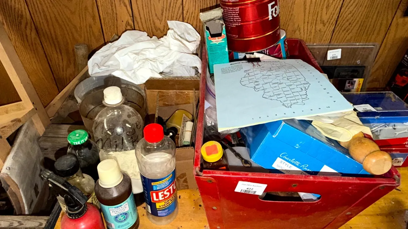 Red Painted Crate and Pecatonica River Engraved Brass Plate, and More