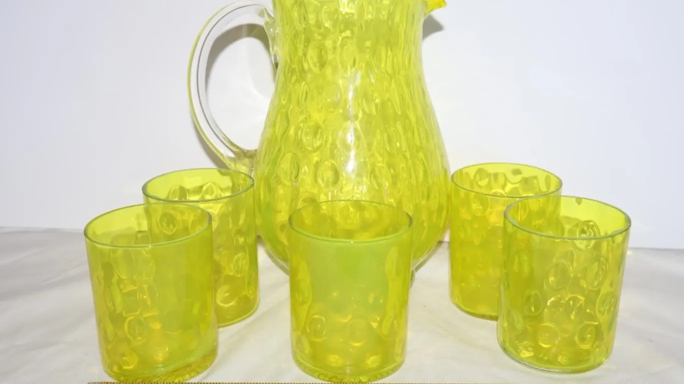 Yellow-Green Optic Glass Pitcher and Five Tumblers Set