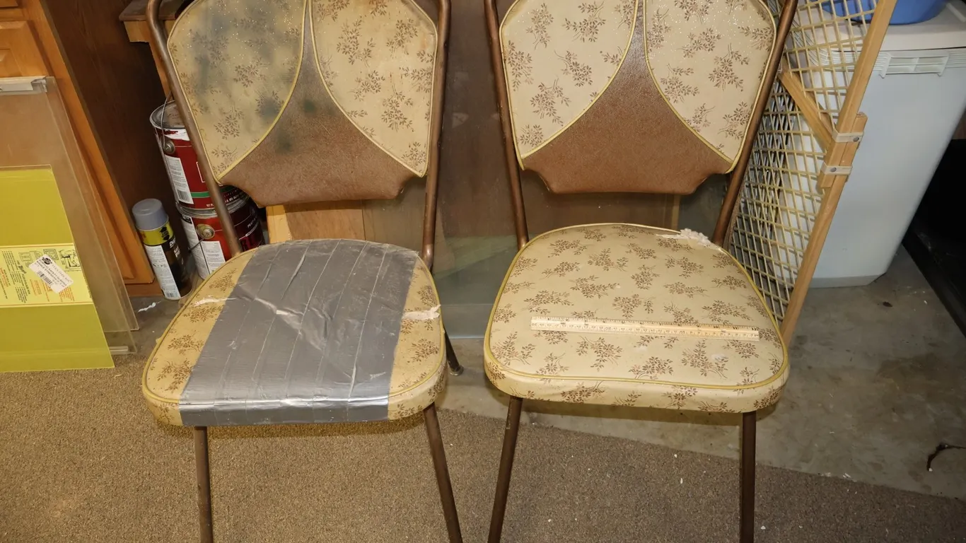 Pair of Tubular Metal Dining Chairs with Floral Vinyl Upholstery