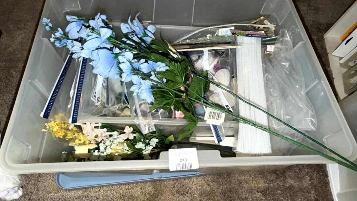 Assorted Artificial Flowers, Floral Craft Supplies, and Plastic Storage Tote