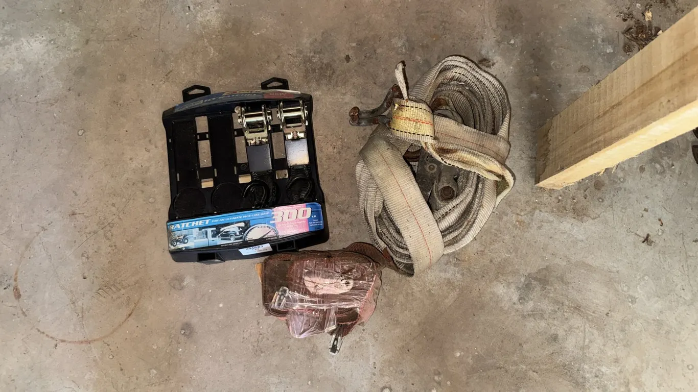 Ratchet Tie-Down Straps and Coiled Tow Strap with Metal Hooks, and More