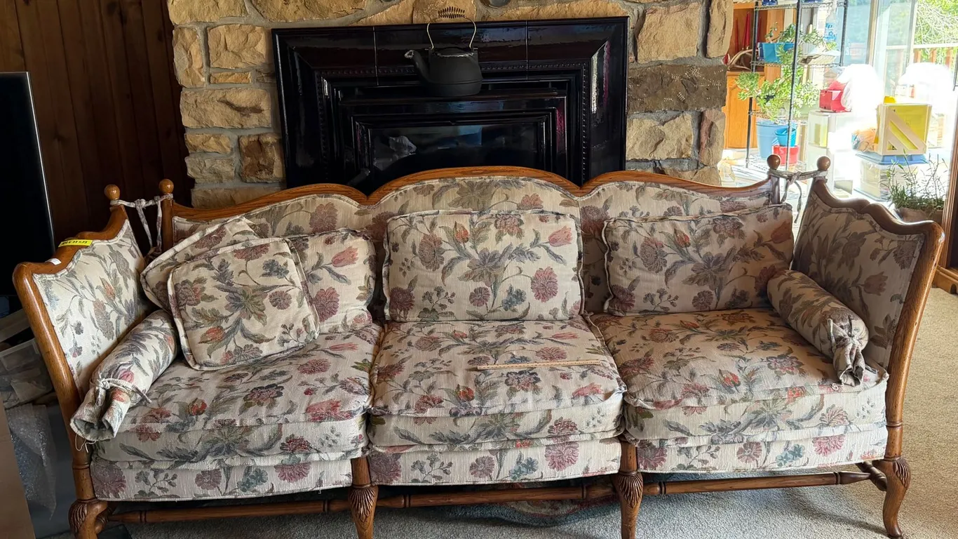 Floral Tapestry Upholstered Three-Cushion Sofa, Carved Wood Frame