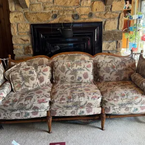 Floral Tapestry Upholstered Three-Cushion Sofa, Carved Wood Frame