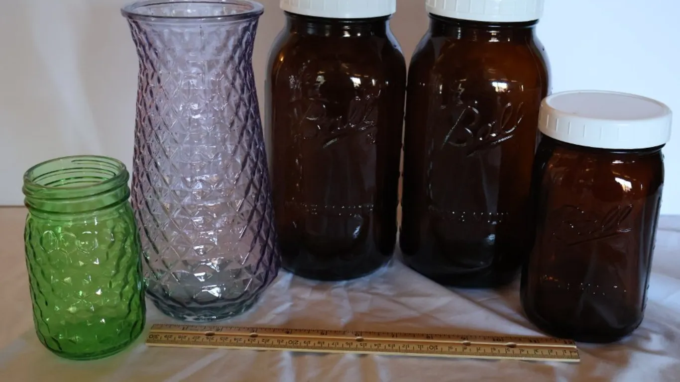 Amber Glass Canning Jars, Purple Pressed Glass Vase, and Green Jelly Jar