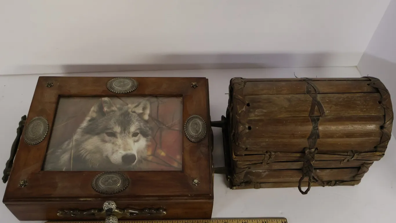 Two Decorative Wooden Boxes, Framed Wolf Portrait Box and Slatted Dome-Top Chest
