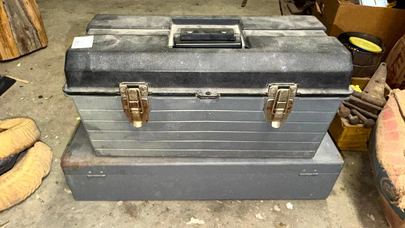 Plastic Toolbox and Gray Metal Utility Storage Box