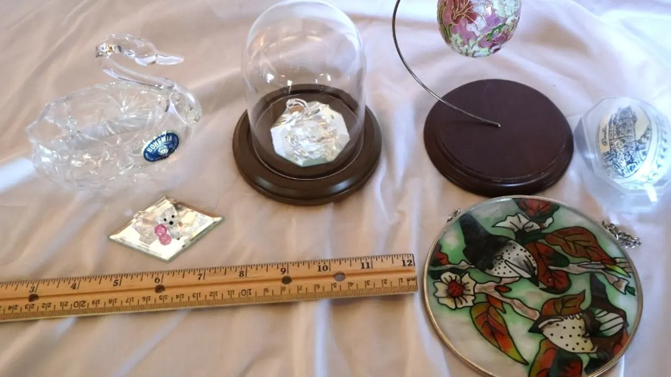 Cut Crystal Swan Dish, Glass Cloche Display, Hanging Enamel Egg, Bird Suncatcher, and More