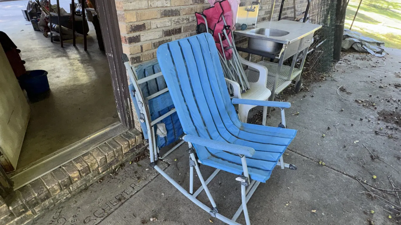 Blue Folding Rocking Camp Chair and Folding Cot with Blue Mattress Pad, and More