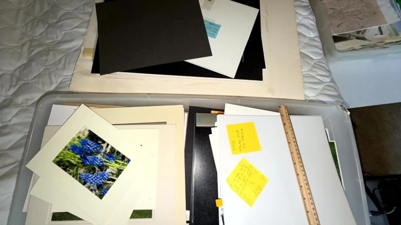 Assorted Matted Photography Prints, Mat Boards, Presentation Binders, and Plastic Storage Container