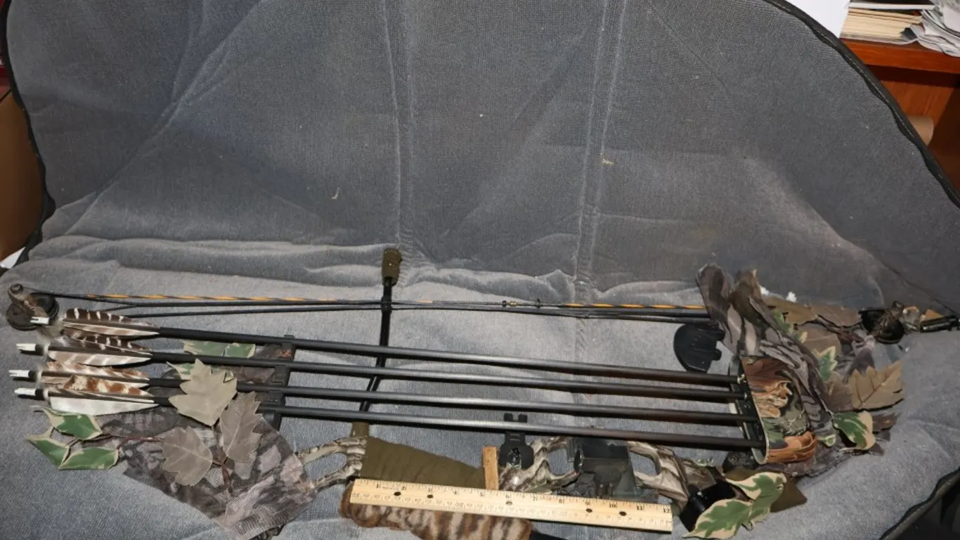 Camouflage Compound Bow with Quiver, Arrows, and Two Soft Cases