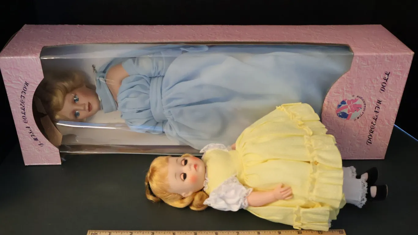 Two Dolls, Porcelain Doll in Original Box and Doll in Yellow Polka Dot Dress