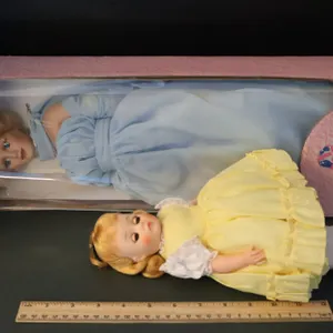 Two Dolls, Porcelain Doll in Original Box and Doll in Yellow Polka Dot Dress