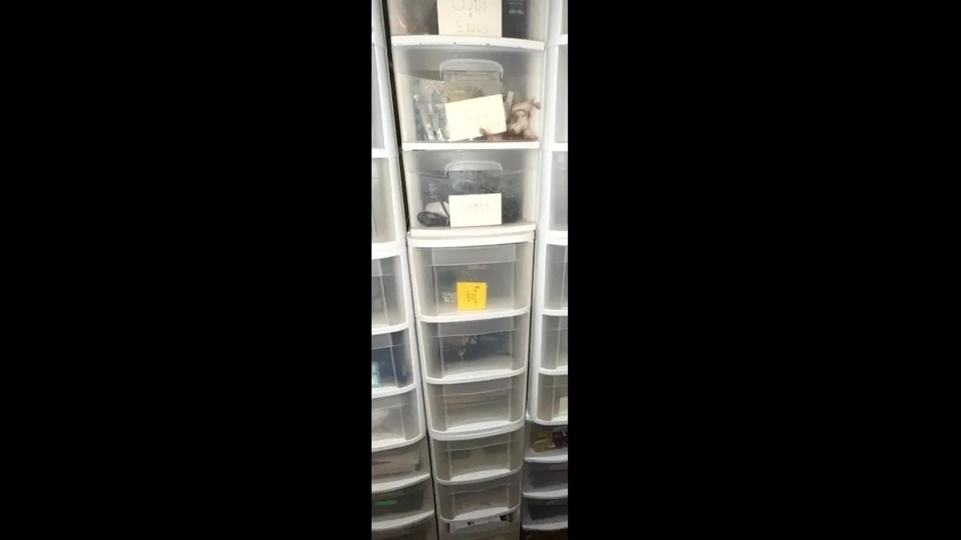 Plastic Multi-Drawer Storage Towers with Assorted Electronics, Office, and Craft Supplies