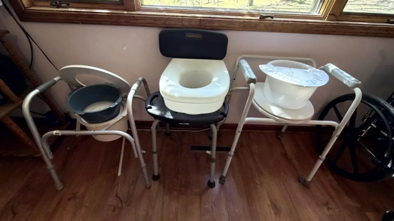 Assorted Bathroom Assistive Equipment: Bedside Commodes, Shower Chair, Raised Toilet Seats