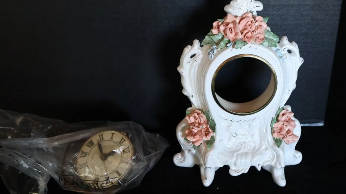Vintage Ceramic Floral Mantel Clock Case with Clock Insert