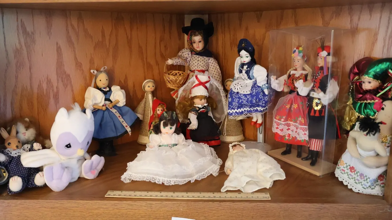 Polish Folk Costume Doll Pair in Display Case and Porcelain Head Baby Doll, and More