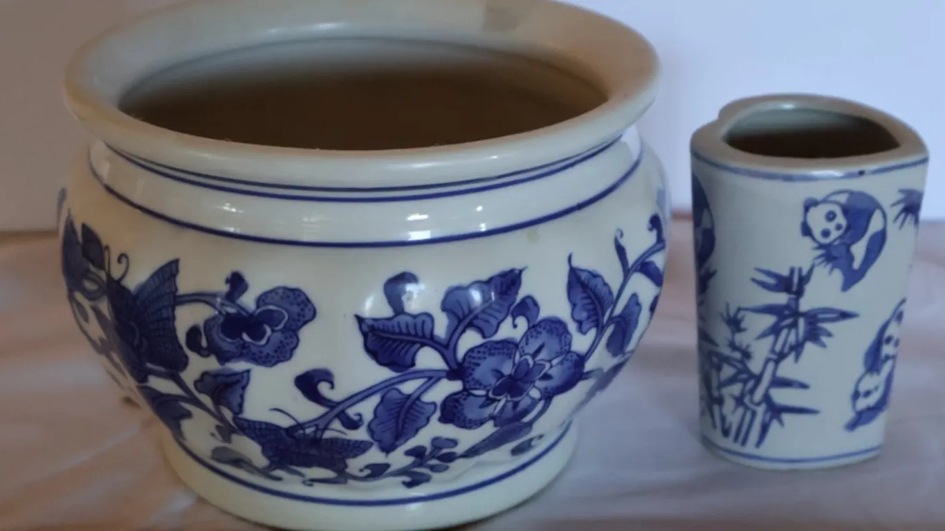 Two Blue and White Ceramic Vessels, Planter and Panda Motif Vase