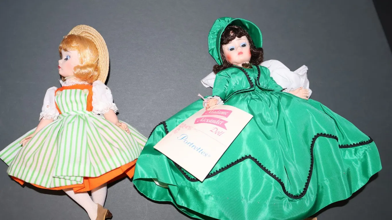 Two Madame Alexander Dolls, Portrettes Doll in Green Satin Dress and Doll in Straw Hat