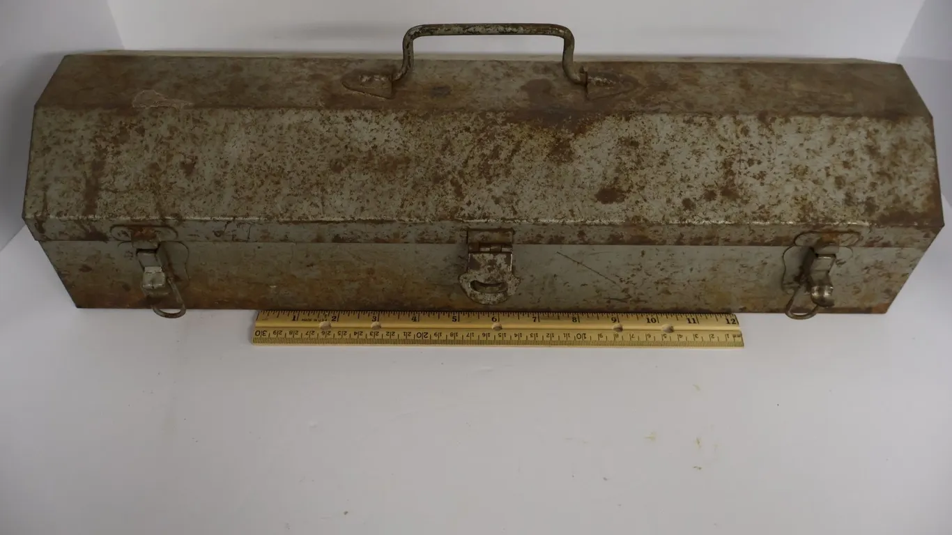 Gray Metal Hip-Roof Toolbox and Open-End Wrenches, and More