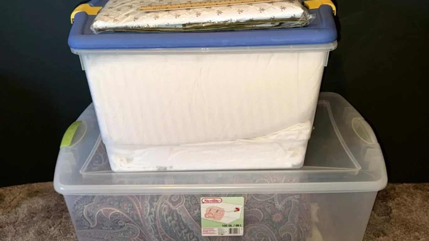 Assorted Bedding and Linens with Two Plastic Storage Totes