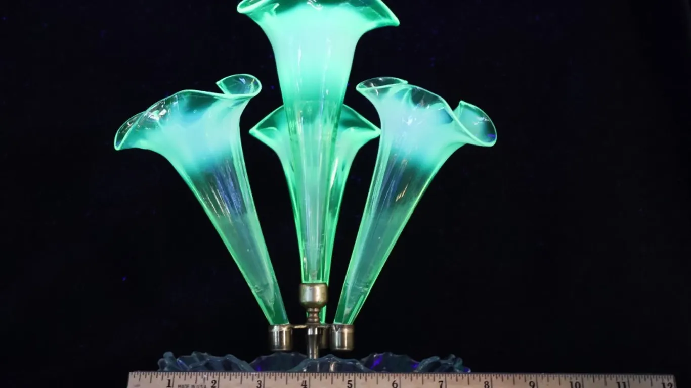 Four-Trumpet Vaseline Glass Epergne Centerpiece, Approx. 6 Inch Diameter Base