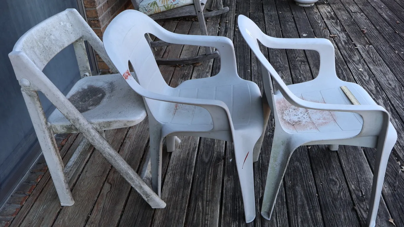 Three White Plastic Outdoor Chairs, Two Armchairs and One Folding Chair