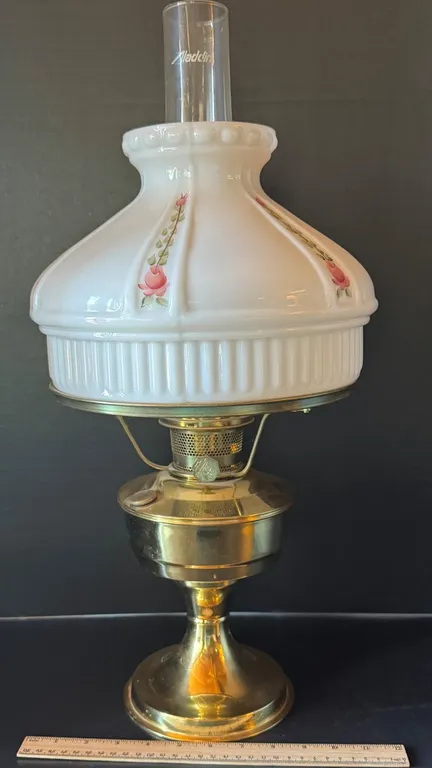 Aladdin Model 23 Brass Kerosene Lamp, Floral Painted Milk Glass Shade