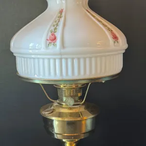 Aladdin Model 23 Brass Kerosene Lamp, Floral Painted Milk Glass Shade