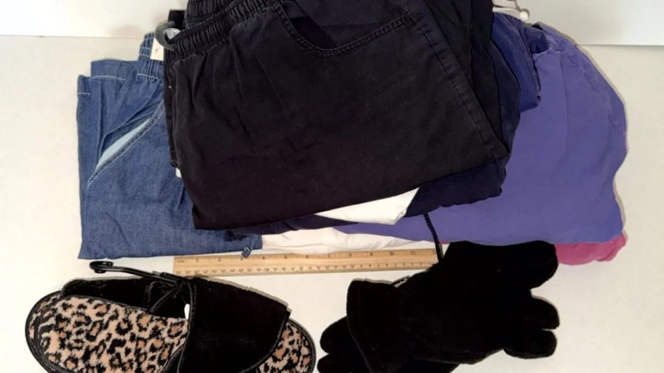 Assorted Pants, Slippers, and Fleece Gloves