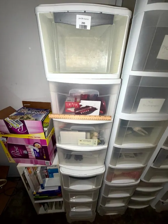 White Plastic Multi-Drawer Storage Drawers with Assorted Contents, Approx. 12 Inches Wide