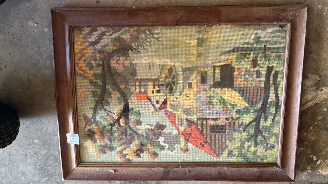 Framed Needlepoint Watermill Landscape
