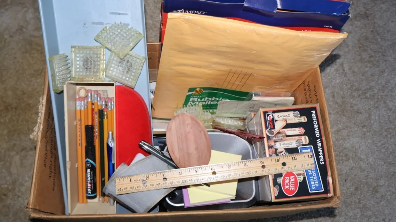 Assorted Office Supplies, Coin Sorter, Coin Wrappers, and Desk Accessories