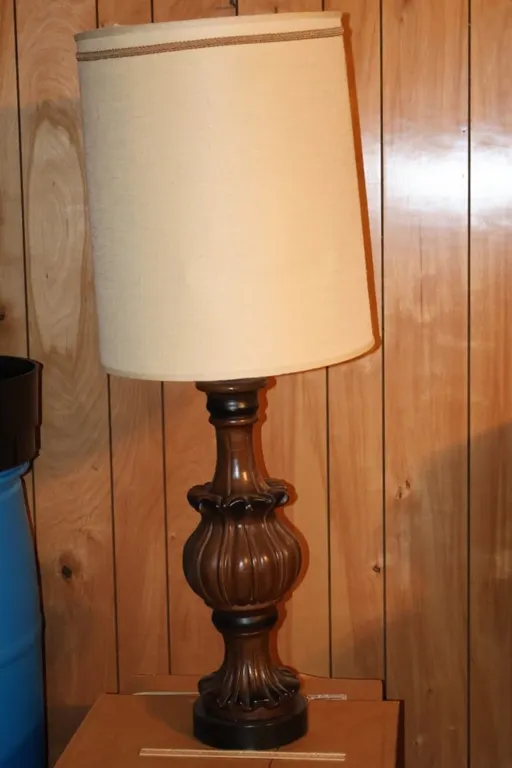 Wood Tone Baluster Table Lamp with Tall Cream Drum Shade