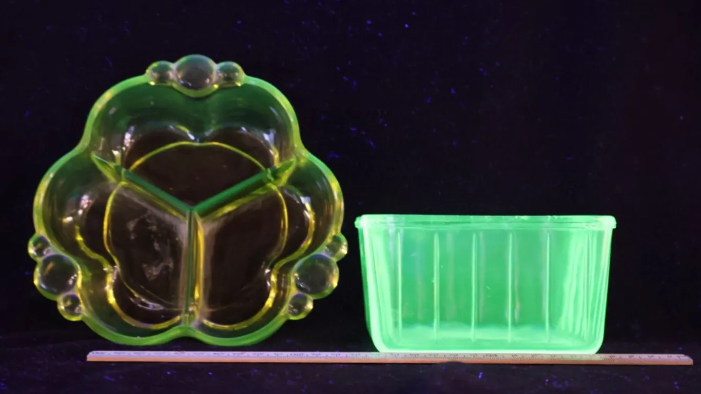 Two Pieces of Green Uranium Glass, Three-Part Divided Relish Dish and Ribbed Square Dish