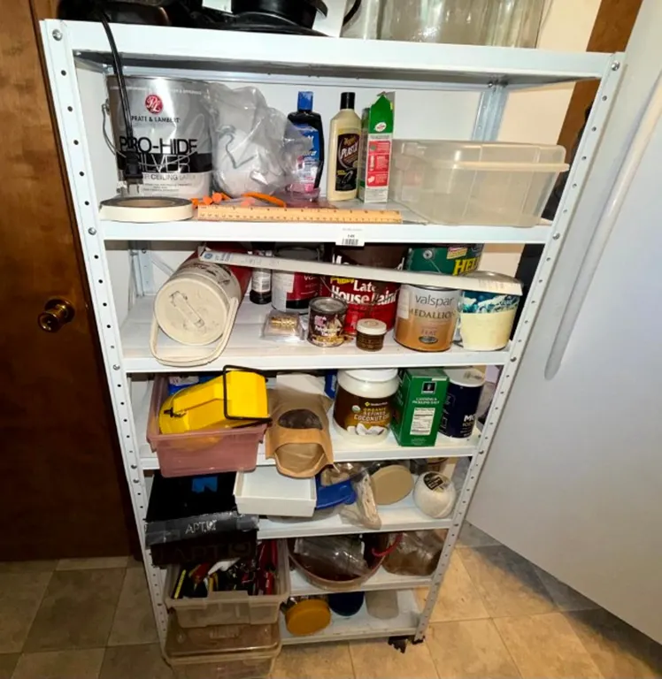 White Metal Multi-Tier Shelving Unit with Assorted Contents, Paint, Automotive Care, Tools, and More