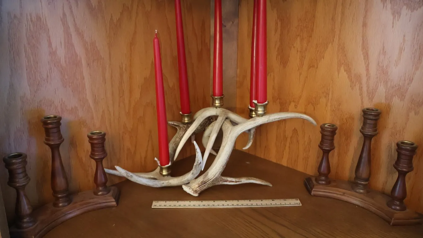Five-Light Antler Candelabra and Pair of Turned Wood Three-Light Candle Holders