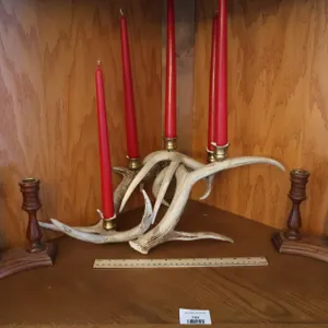 Five-Light Antler Candelabra and Pair of Turned Wood Three-Light Candle Holders