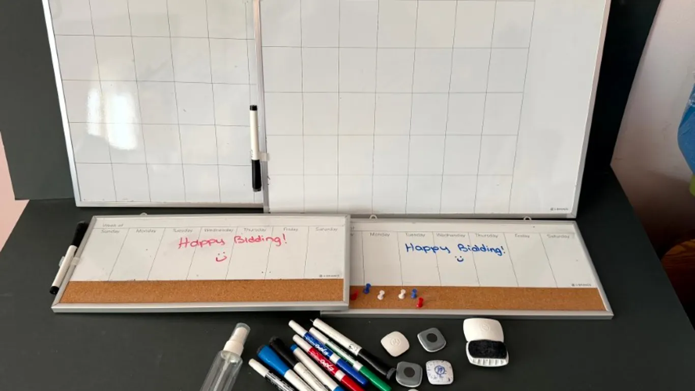 Four Framed Dry Erase Calendar Boards and Assorted Whiteboard Accessories
