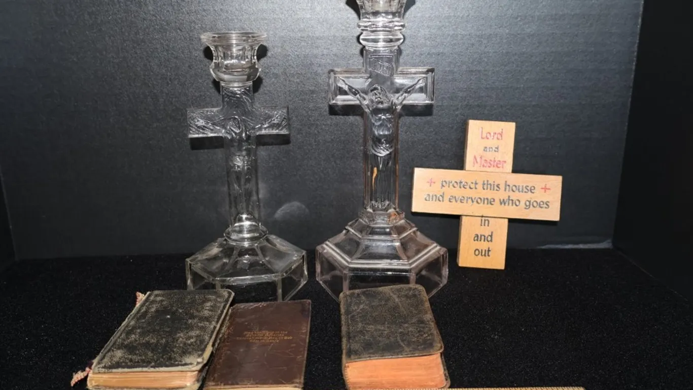 Pair of Clear Glass Crucifix Candlesticks, Standing Cross Plaque, Three Religious Prayer Books